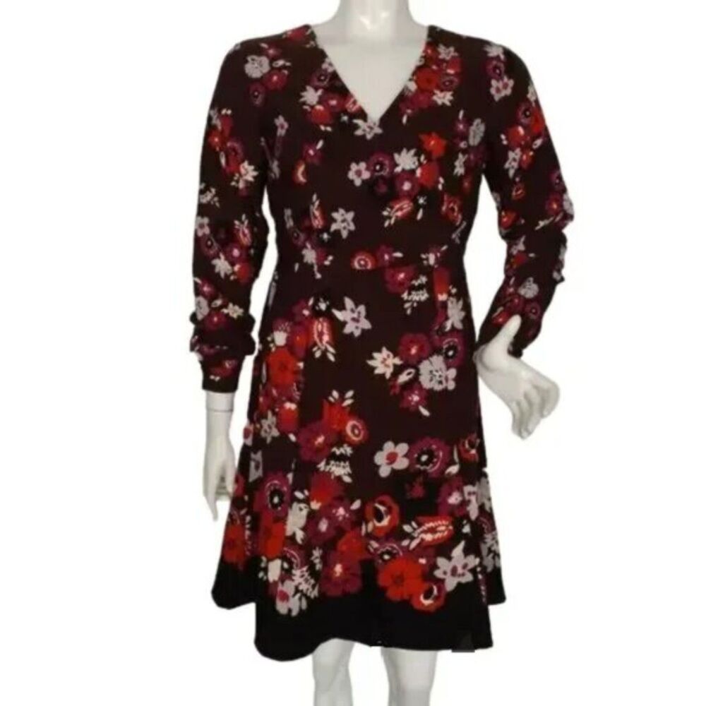 new ANN TAYLOR Dress, 2, Burgundy/Black Floral, Long sleeves, A-line, V-neck